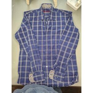 Robert Graham Boys Blue Plaid Button Down Shirt Floral Trim Size L 14-16